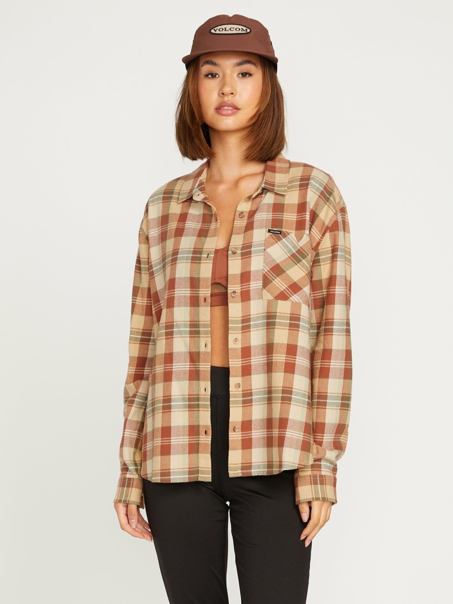 Womens Accessories * | Volcom Limited Edition Plaid To Meet U Long Sleeve Shirt Dark Clay