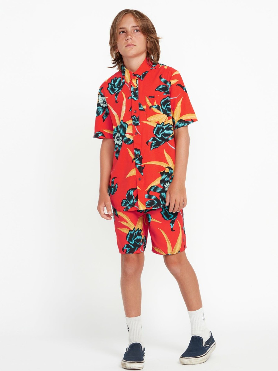 Kids * | Volcom Latest Big Boys Island Time Short Sleeve Shirt Red Orange