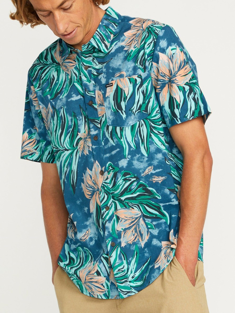 Mens Accessories * | Volcom Quality Guarantee Marble Floral Short Sleeve Shirt Aged Indigo